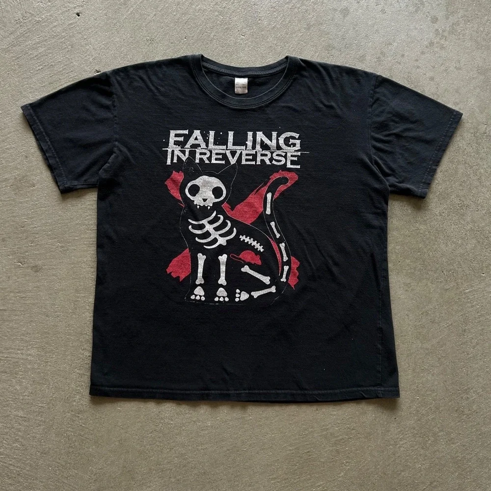 Vintage Falling In Reverse Shirt Size Large Black Skeleton Cat‎ Heavy Metal Band
